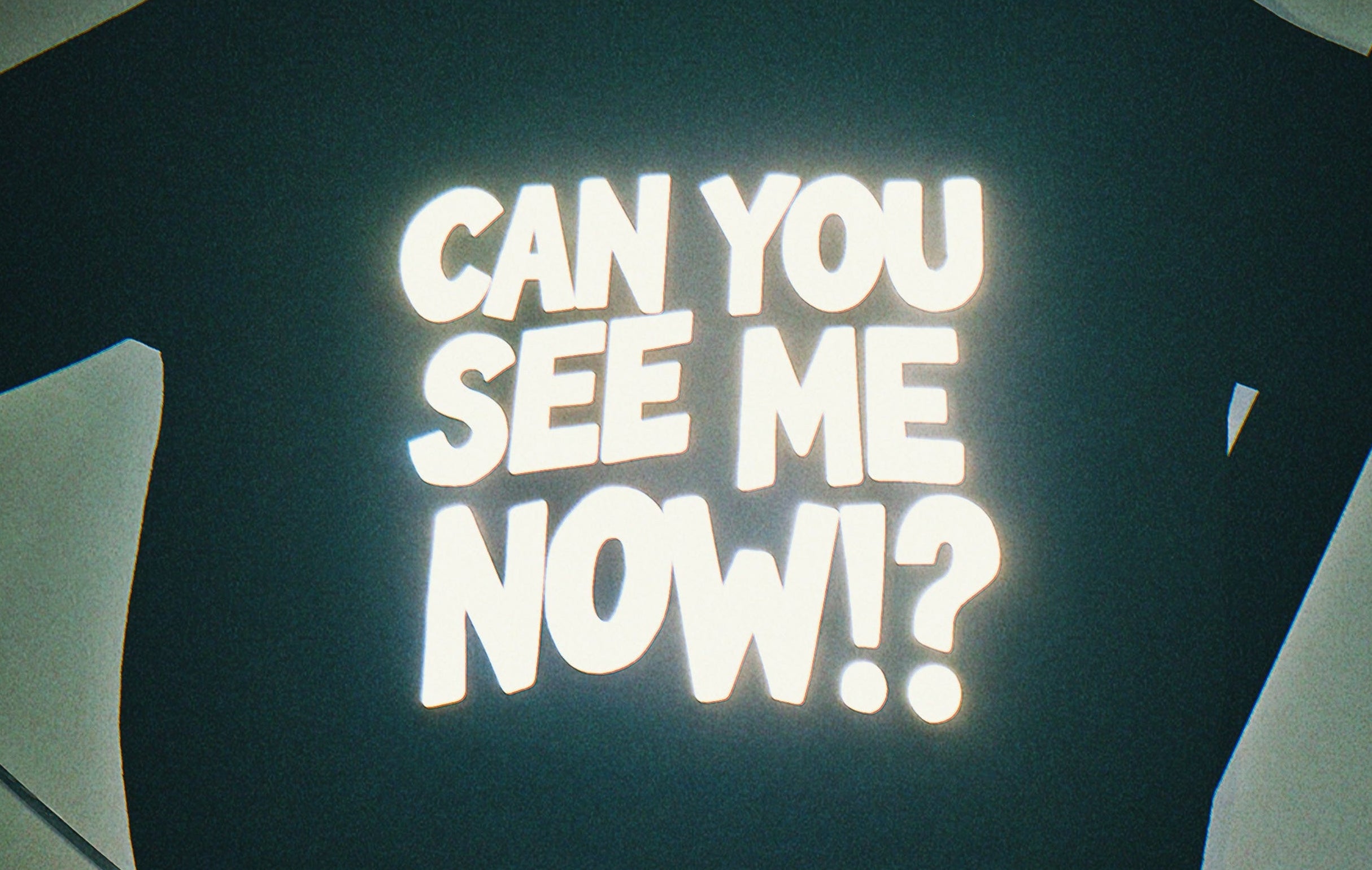 Black hoodie with 'CAN YOU SEE ME NOW?!' text on a reflective surface